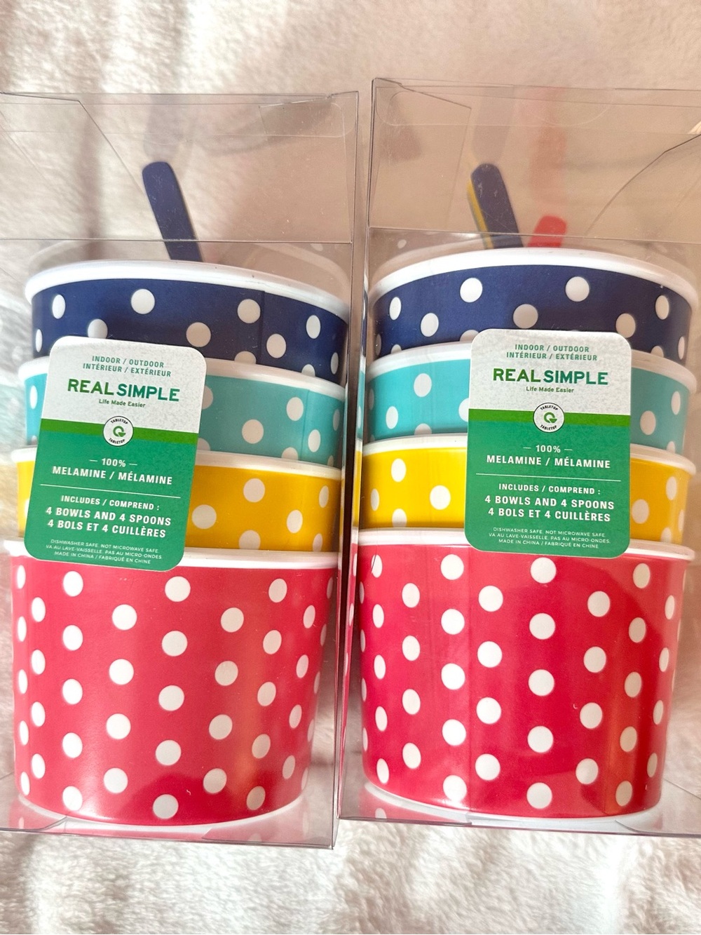 NIB Real Simple 8 PC Melamine Ice Cream Dessert Bowls Spoons Set Polka Dot